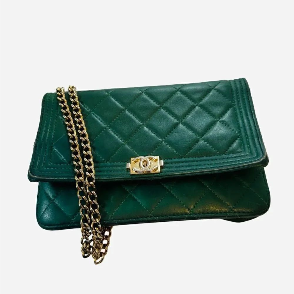 Chanel green boy gold logo mini bag with gold strap